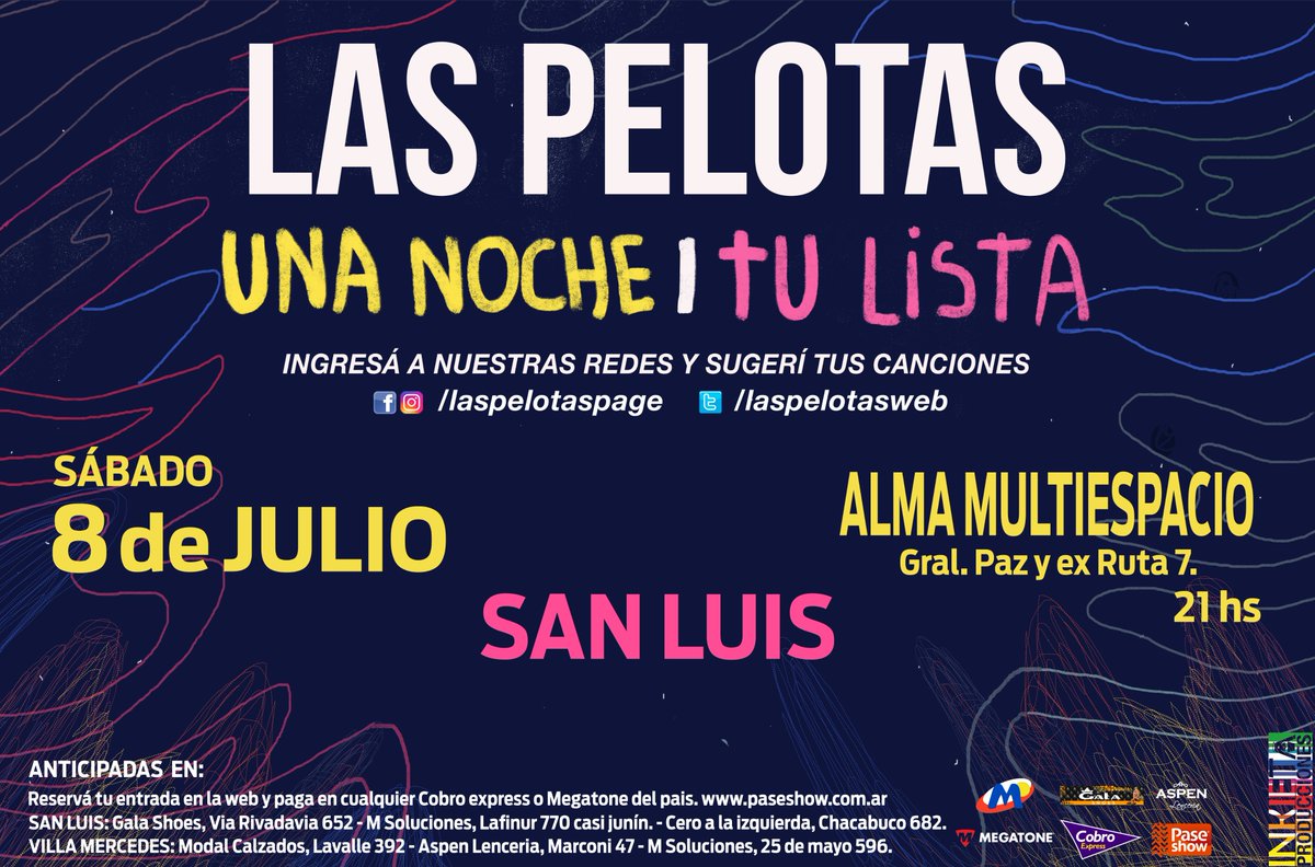 UltimoBondiSL's tweet photo. @laspelotasweb llegan por primera vez a San Luis y vos podes formar parte de este show histórico! Ultimas anticipadas a $400! https://t.co/bTQ1xyrP2f