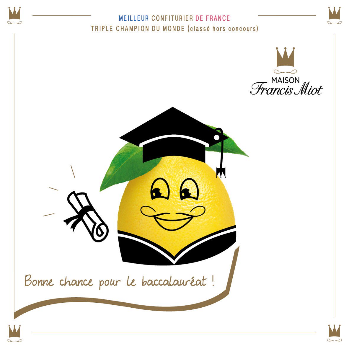Maison_F_Miot's tweet photo. Bon courage aux lycéens qui commencent leur bac demain! 🎒📚
Astuce: un peu de citron améliorera votre concentration !
#baccalaureat #bac https://t.co/TgXjqTlRGL
