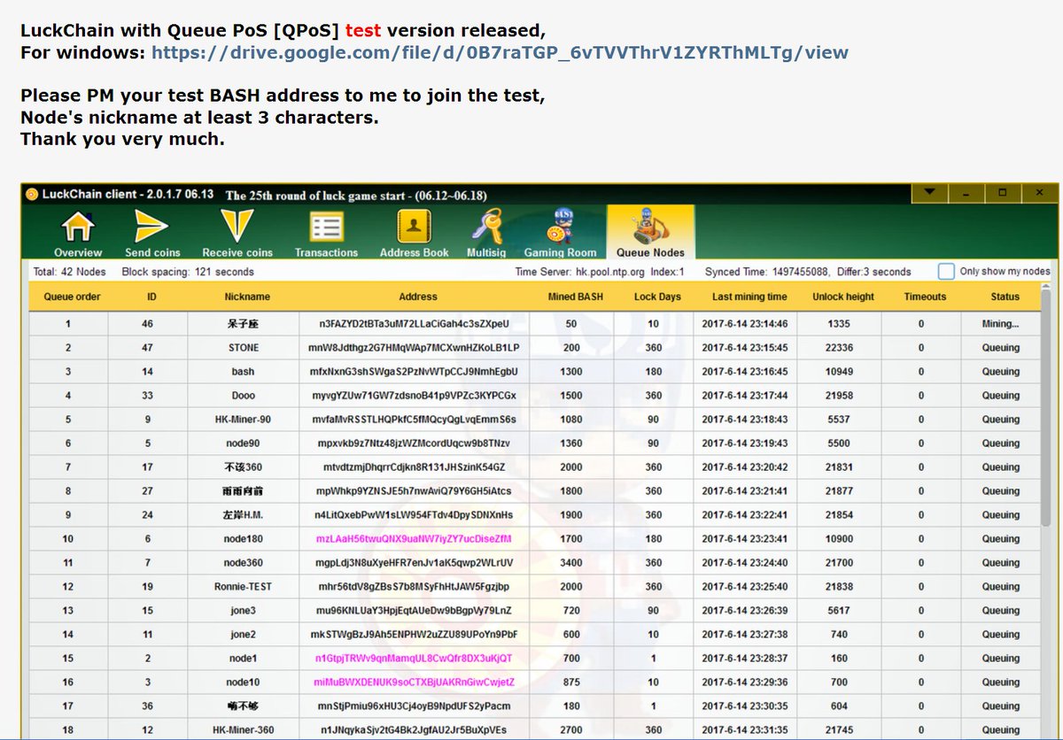 Luck_Chain's tweet image. #LuckChain $BASH with QPoS (Original algorithm) test version released, welcome to test. @btc38com @btcecom @BittrexExchange @Poloniex