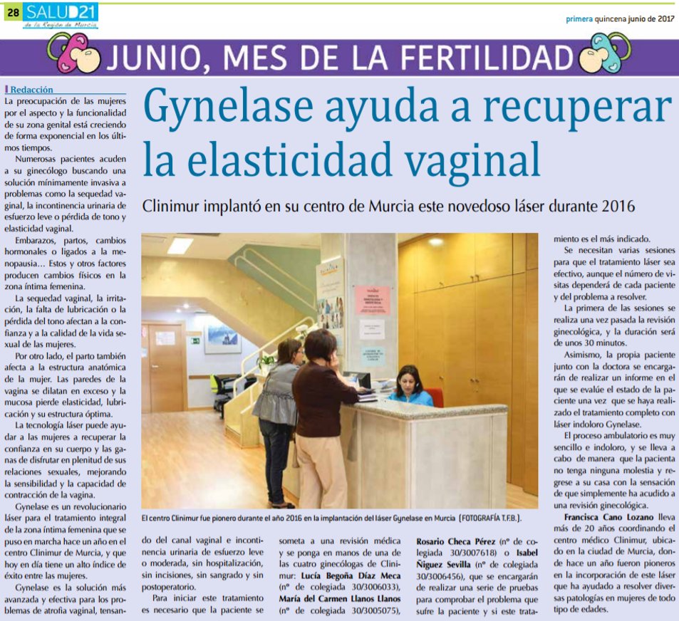 Salud_21's tweet image. #Gynelase ayuda a #recuperar la #elasticidad #vaginal. Clinimur #implantó en su centro de Murcia este novedoso #láser durante 2016.