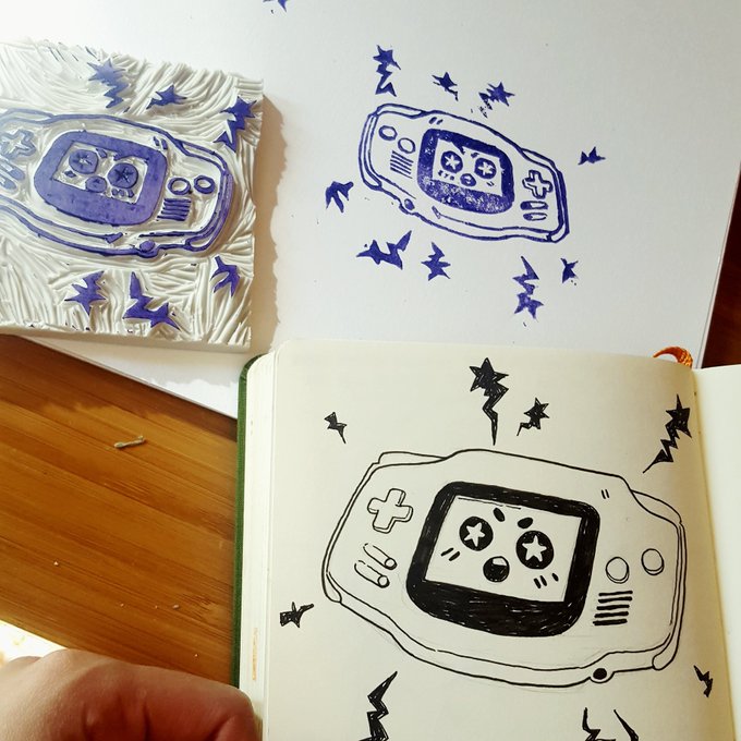 I made a stamp today!! Forgot stamps flip when printed but it's adds character haha. Using this for packaging #nintendo themed mini prints! 