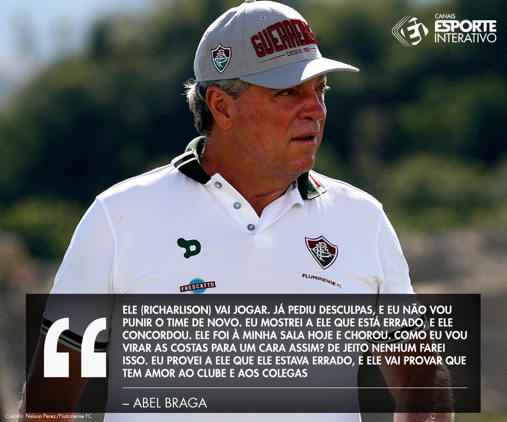 pererekamundo's tweet photo. DE VOLTA! Abel Braga, técnico do @FluminenseFC,revelou q Richarlison se desculpou e vai para o jogo contra o @Gremio!https://t.co/Omw5YkTaYP