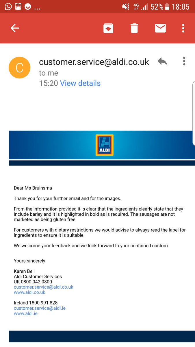danibruinsma's tweet photo. "Not marketed as being gluten free" .  Helpful customer service from @AldiUK  👎 
#glutenfree 
#shouldhavegonetotesco https://t.co/hTWcgO0SWs
