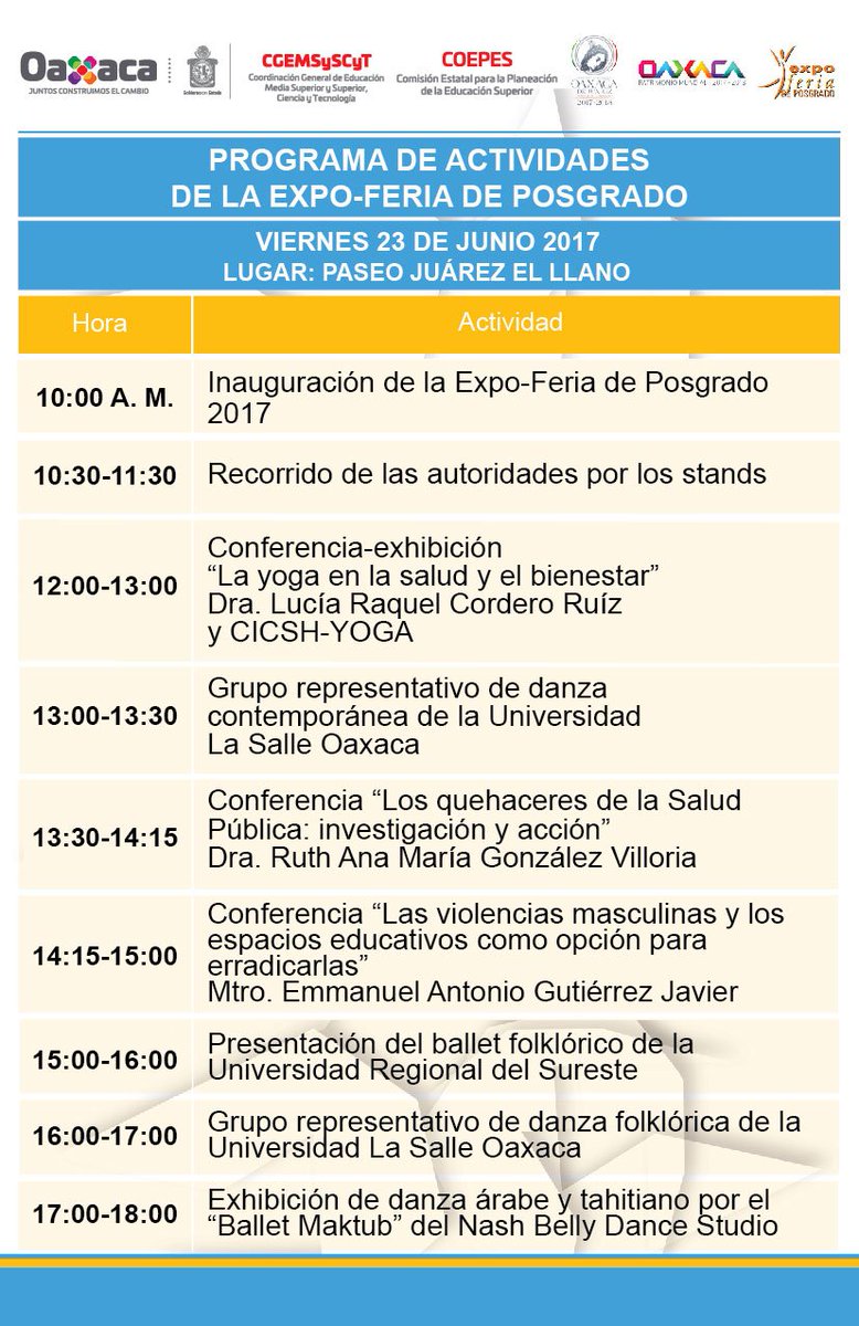 CGEMSSCT_GobOax's tweet photo. La Coordinación General te invita a la #ExpoFeriadePosgrado Oaxaca 2017 en Paseo Juárez el Llano los días 23 y 24 de junio, 10:00 hrs. https://t.co/PTlCK9d7eh