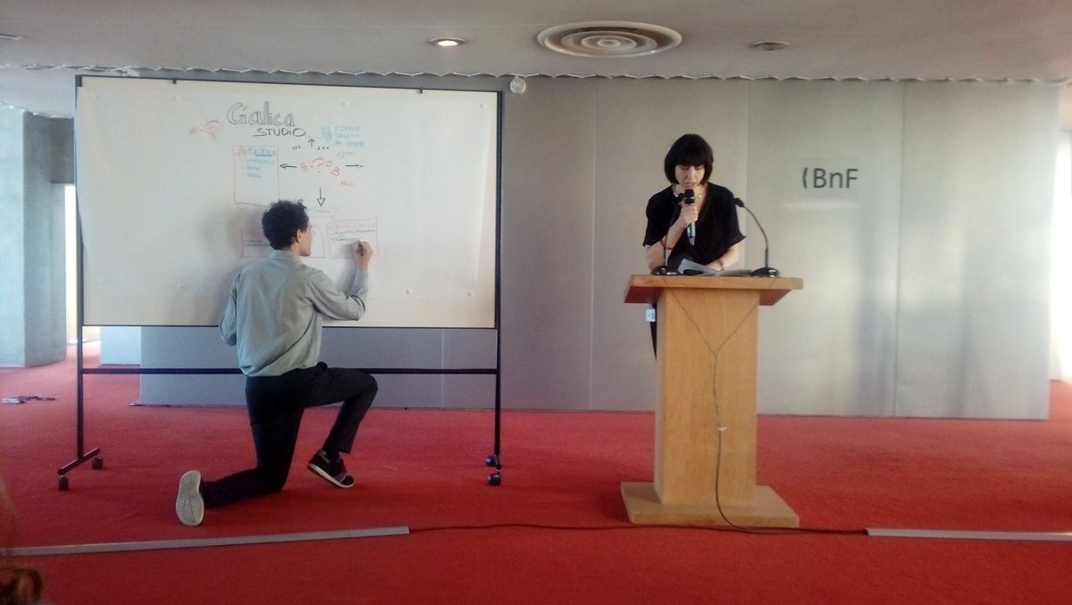 Présentation de Gallica Studio par @SophieBertrnd et <a href="/mattbnl/">Matthieu BONICEL</a> pendant les retours du  #hackathonBnF <a href="/GallicaBnF/">Gallica BnF</a>