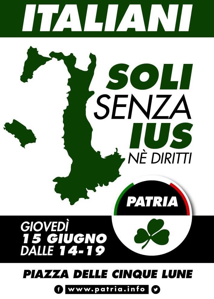 PatriaMovimento's tweet photo. Domani dalle ore 14 sotto al #Senato per chi ha ancora una #Patria da difendere da chi la vuole svendere. #NoIusSoli https://t.co/pdxvzmj8yt