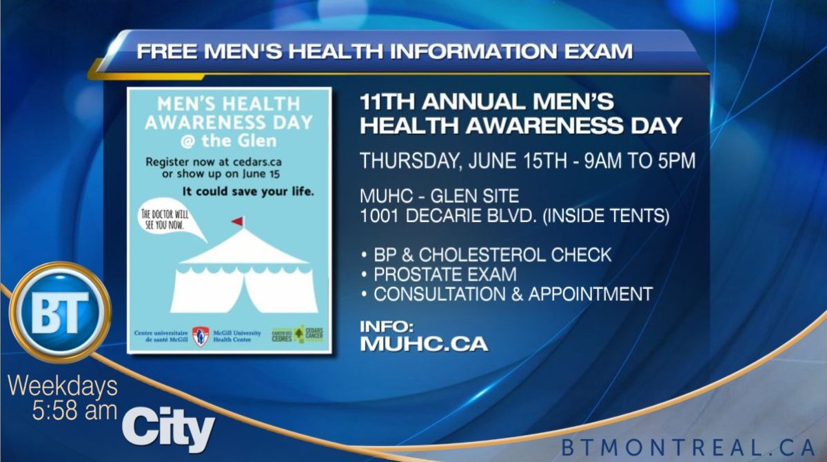 11th annual Men’s Health Awareness Day tomorrow @cusm_muhc https://t.co/klqEErUDzV