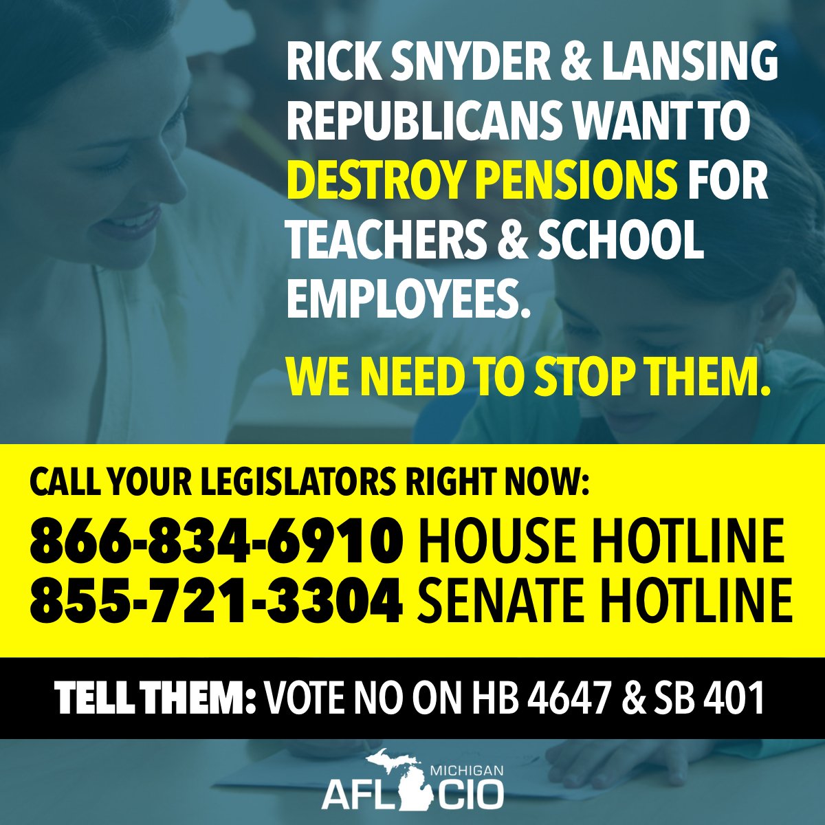 ProgressMich's tweet photo. ACTION: Get on the phone and call the #mileg and tell them to protect pensions and secure retirements. This is another DeVos agenda item https://t.co/gD5DNTdE1j