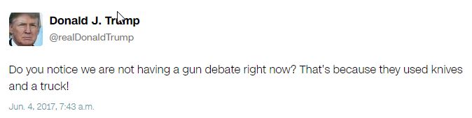 Notice we're not having a Muslim debate right now? That's because it was an American Terrorist. Oh &amp; about that Gun Debate. <a href="/realdonaldtrump/">Donald J. Trump</a>