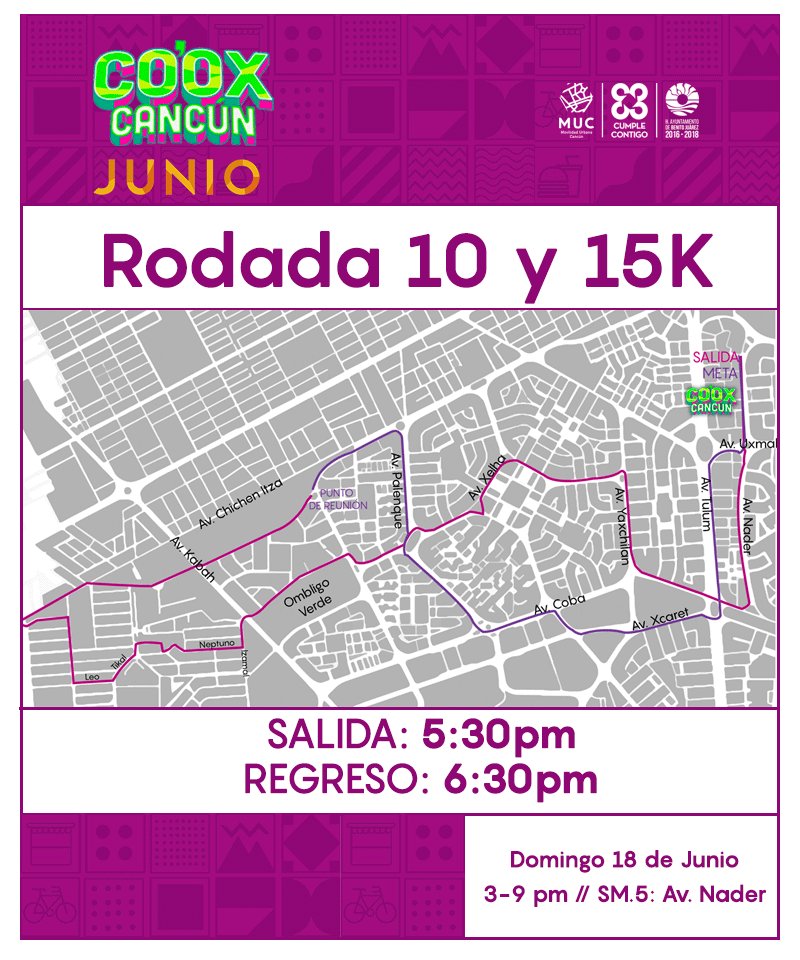 ¡El próximo domingo estrenamos nueva ruta! 📣📣📣📣🚲🚲🚲🚲
Entra en facebook.com/cooxcancun para conocer todos los detalles del recorrido.