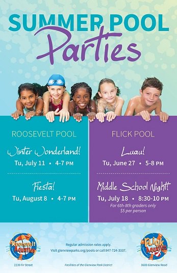 GlenviewPkDist's tweet photo. Plan a special night at the Pool! Summer Pool Parties are here! #GlenviewParks #FlickPool #RooseveltPool #PoolParty https://t.co/uUXIg4XXEr