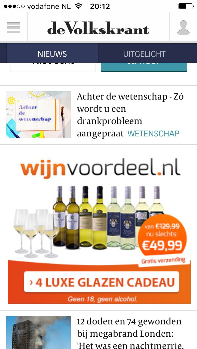 Kijk. De mensen van Wijnvoordeel snappen waar je adv. zet: recht onder stuk over probleemdrinkers natuurlijk!