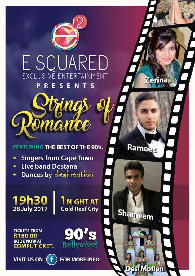RiyaazSafi's tweet photo. One show only #stringsofromance @GoldReefCitySA @RazeenGutta @AshveerSingh06 @dockydockrat @ronesh tribute to #Bollywood 90s @Computicket https://t.co/wJHBKd03N2