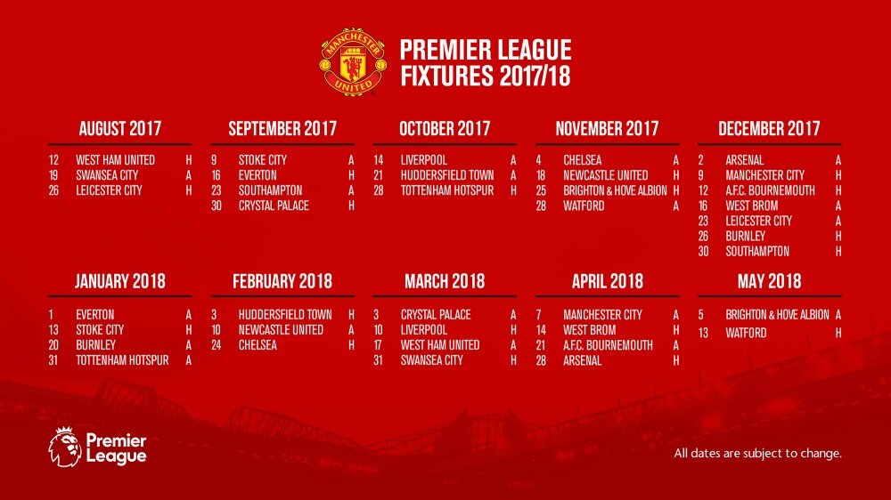 MaaeMamat's tweet photo. Premier league fixtures 2017/18
Glory Glory Manchester United
#ManchesterUnited https://t.co/W9cXyuhnd9