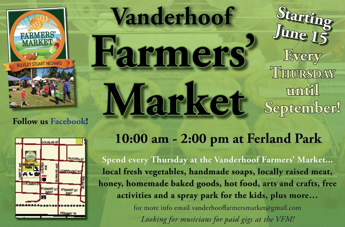BCFarmersMarket's tweet photo. The #Vanderhoof Farmers' Market opens tmrw! Picnic shelter, riverside, kids playground, friendly vendors, fresh local produce. Have fun! https://t.co/sgsmkui2MI