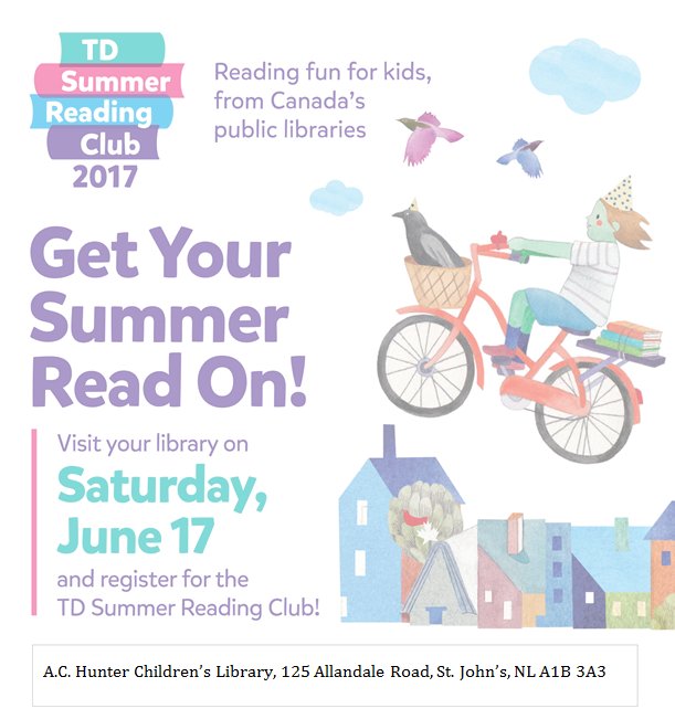 TinaFMurphy's tweet image. It's that time of the year again #TDSRC National launch June 17 #YYT AC Hunter Children’s Library 125 Allandale Road - 10am-1pm Family fun!