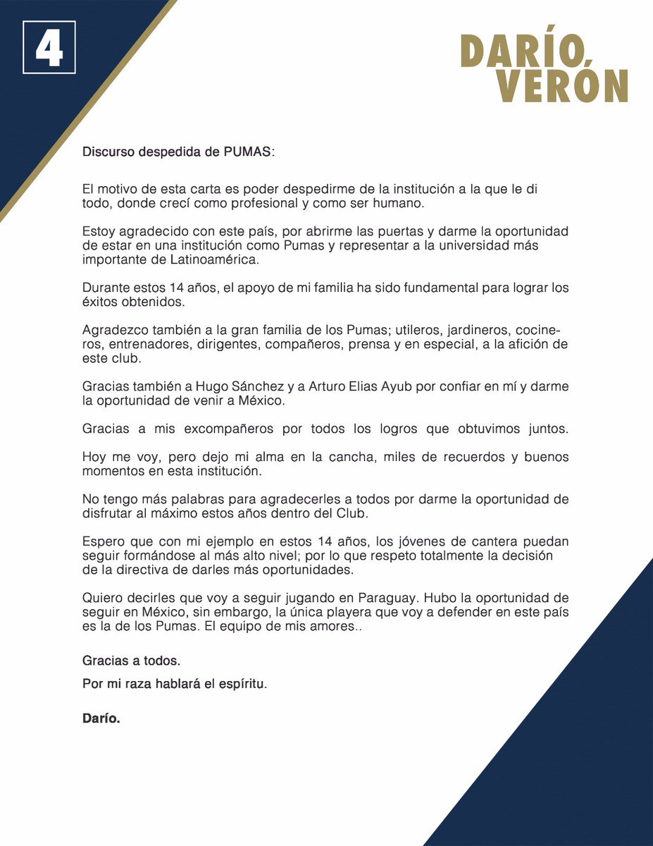 Dario4Veron's tweet photo. Gracias a todos los que forman parte de @PumasMX y en especial a la mejor afición que existe. #SoyDePumas 👊 #DaríoVerón https://t.co/19H0R170EH