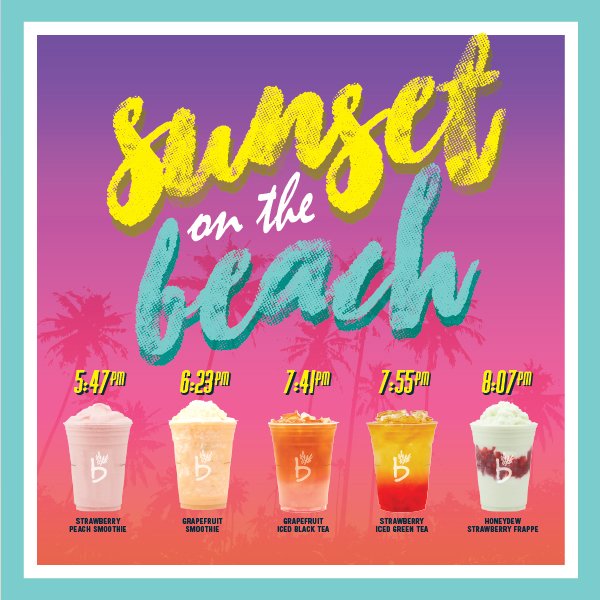 SUNSET ON THE BEACH: Five of each drinks are inspired by the vibrant, beautiful colors of the sky. Come visit Caffebene near you.