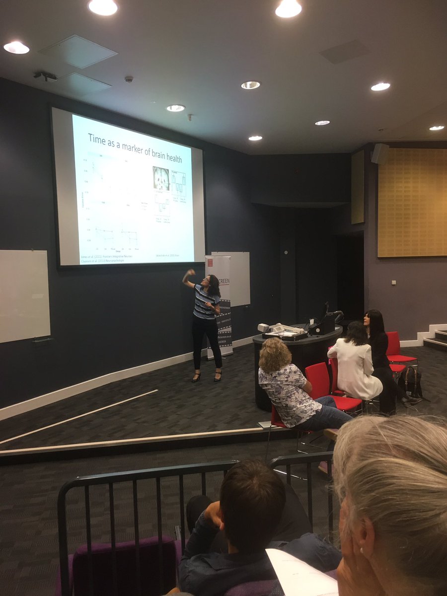 sciSCREEN's tweet photo. Dr Catherine Jones talking about time as a marker of brain health #arrivalsciscreen https://t.co/mAiPKPvCUw