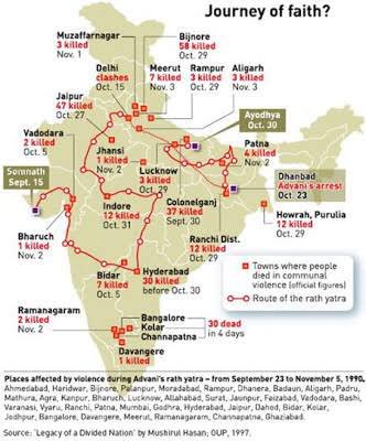 Map of L K Advani's Rath Yatra of 1990