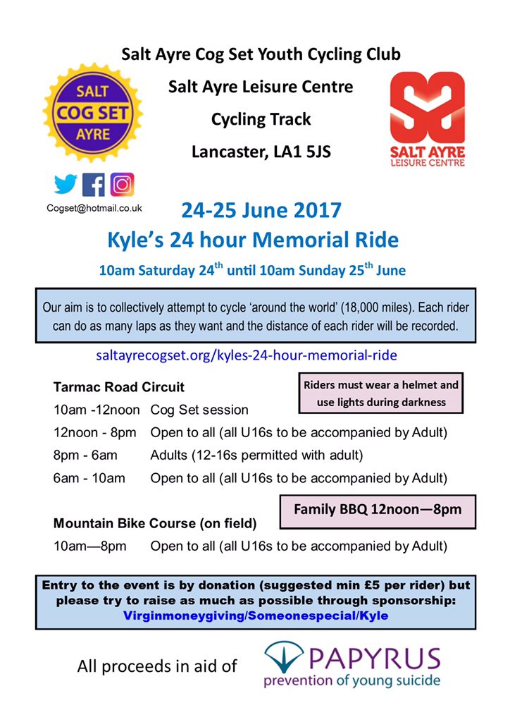<a href="/sedberghcycle/">SedberghCyclingFest</a> People can warm up by doing our cycle challenge event for charity 🚴🏻‍♀️🚴🏽 saltayrecogset.org/kyles-24-hour-…