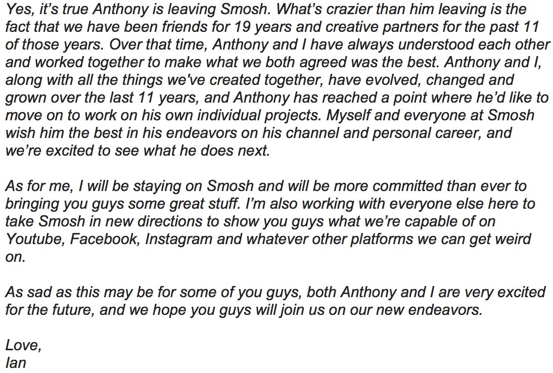 SmoshIan's tweet image. Sad that Anthony is leaving, but so excited for the future of Anthony, and myself with Smosh 😊 

Read below:
