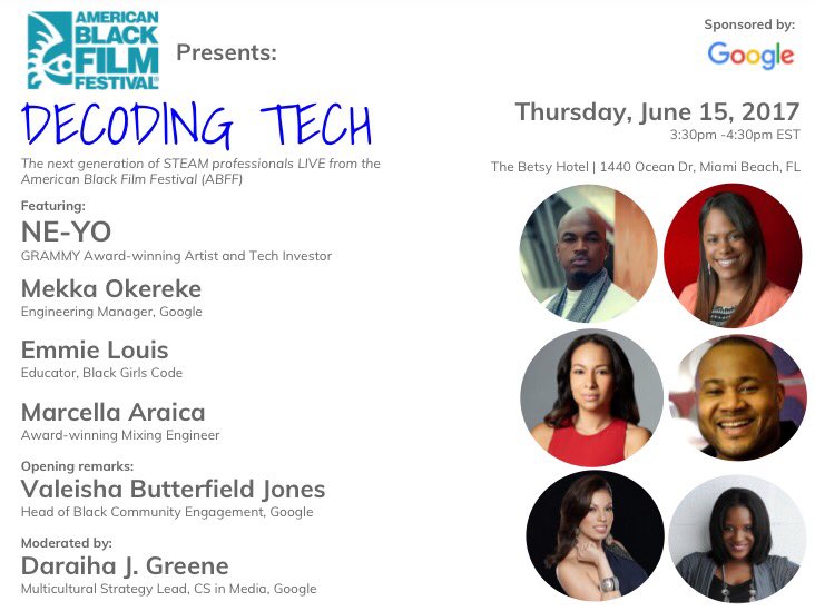 DaraihaSunshine's tweet image. Google is hosting a panel tomorrow during #ABFF2017! Including @NeYoCompound @valeisha @incrediblelago #DecodingTech