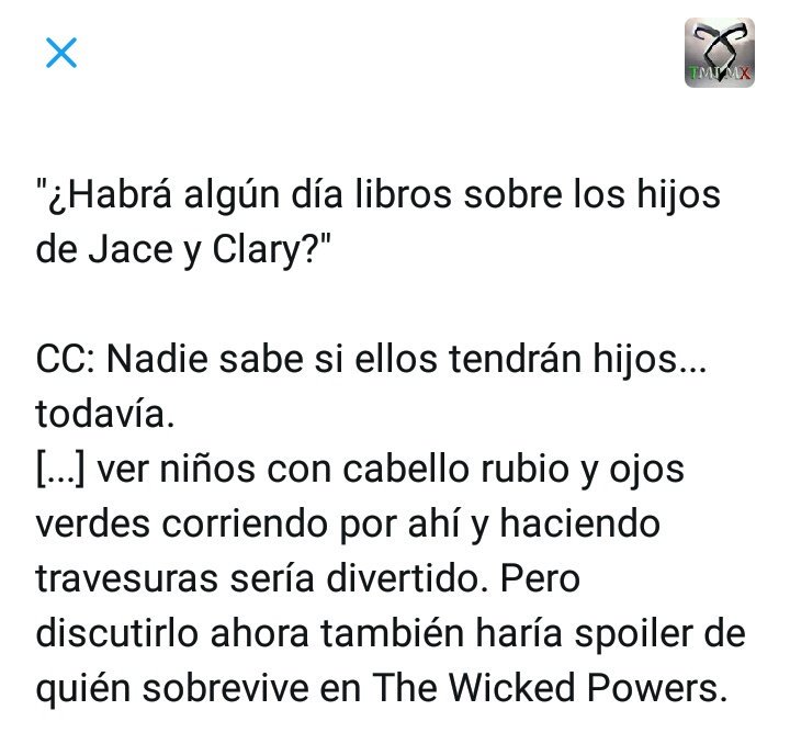 ShadowbooksMx's tweet photo. La respuesta que ha dado Cassandra a esta pregunta deja claro que Clace no sobrevivirá en TWP, o al menos uno de los dos morirá 😭😭😭 https://t.co/j0nV1YFk71