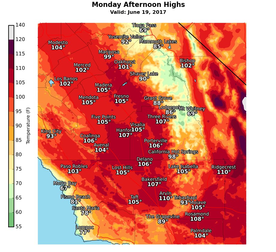 NWSHanford's tweet photo. Very hot temperatures expected this weekend and into next week. Very High Risk for heat expected in  some areas by Monday. #CAwx https://t.co/L2vSovGwYX
