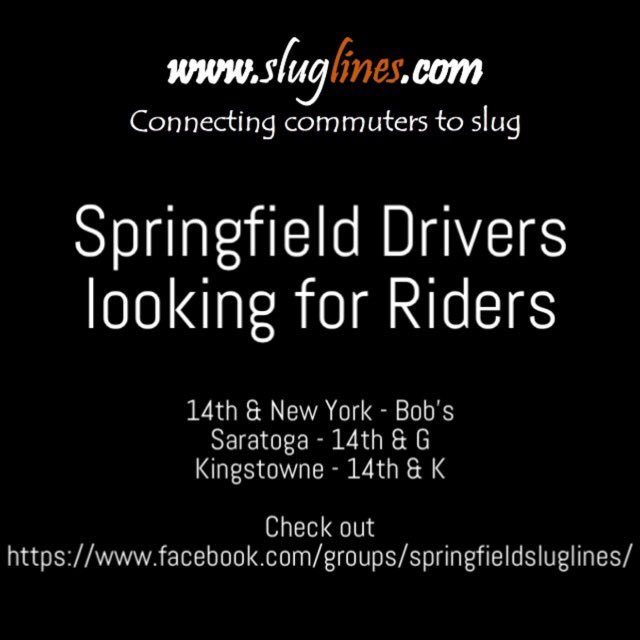 sluglines's tweet photo. Springfield Drivers looking for Riders.
Join https://t.co/WW10X49o2j #SlugLines https://t.co/NiA3x9Ffm8