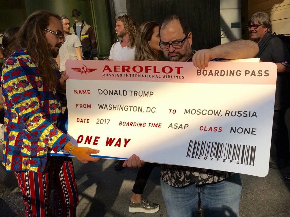 katieholten's tweet photo. If I was in NYC I'd be celebrating #sadbirthday. My friend Betsy just took this pic of @riseandresistny delivering oneway ticket to #Russia. https://t.co/fmWyReOBJ2