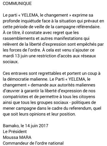 malimanie's tweet photo. Un parti de la majorité, celui d'un ancien PM de surcroît, qui dénonce les méthodes du pouvoir. Intéressant. #Mali #MaliOffline https://t.co/d5Ha0rSXnh