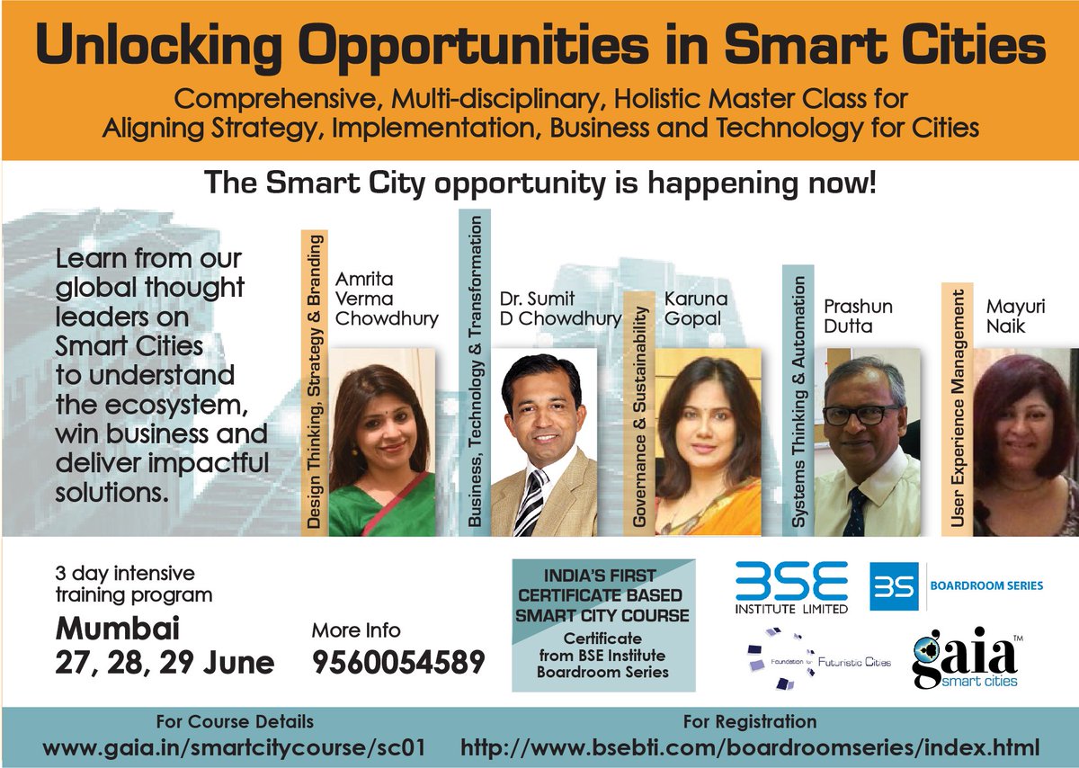 Announcing India's first #CertificateCourse on #SmartCities, <a href="/BSEInstitute/">BSE Institute Ltd.</a> 27-29 Jun'17, Register at bit.ly/2soro0n