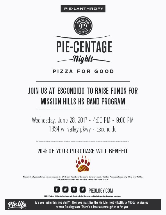MHHS_Band's tweet photo. June MHHS CA Band Restaurant Night!  Wed June 28th 4-9pm @PieologyEsco https://t.co/sIgCbOhCeE
