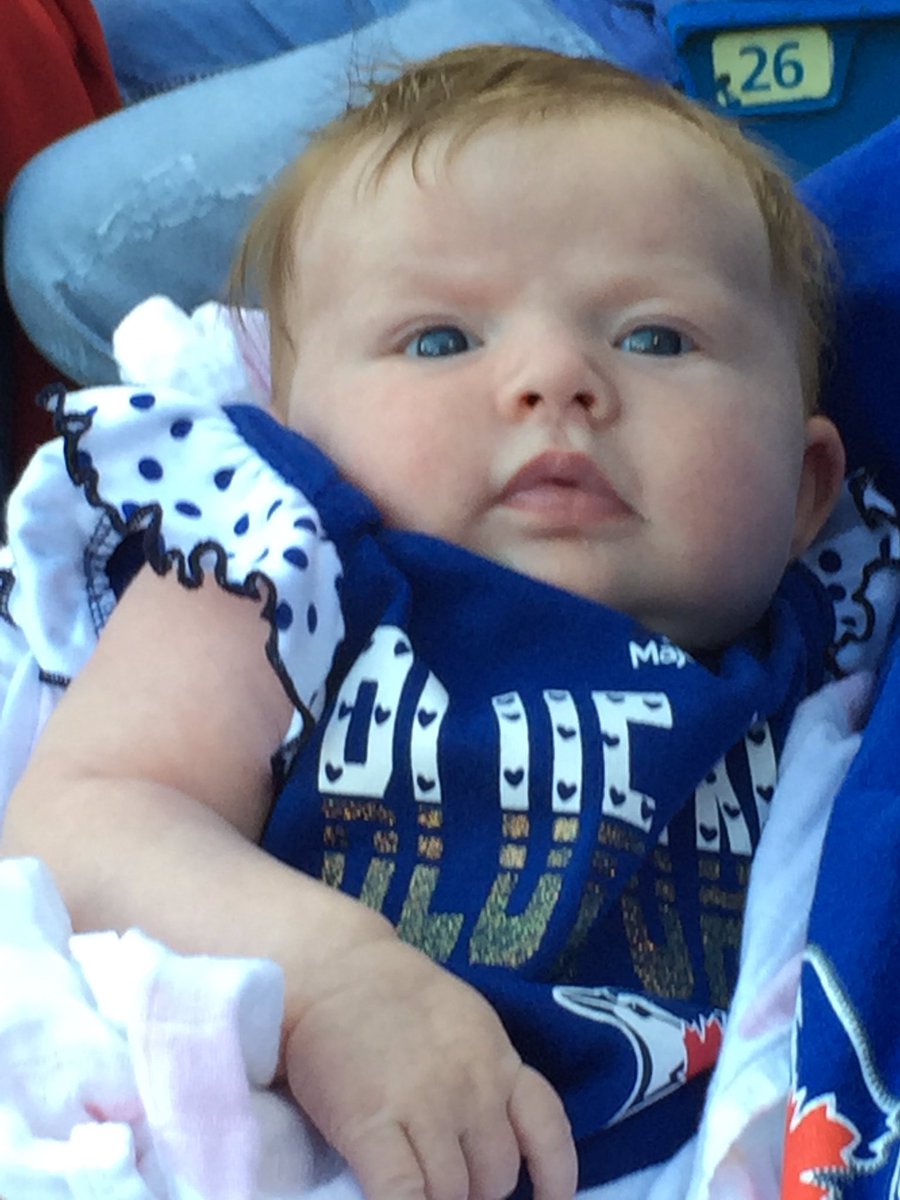 HeidiF_Library's tweet image. #WeRise My first @BlueJays game with Mommy and Daddy. #8weeksold