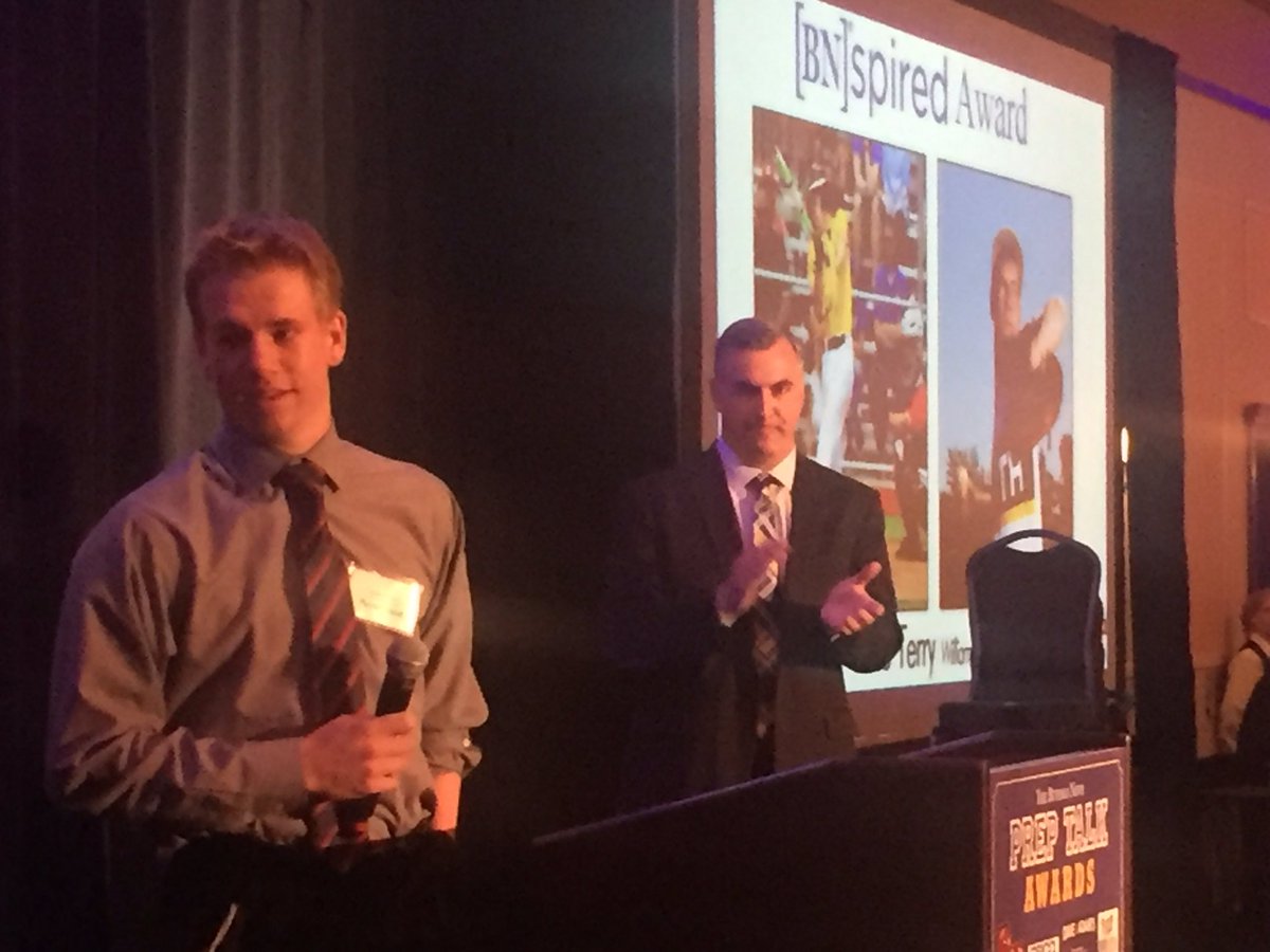 Luke Terry of Williamsville North accepts the [BN]spired award at the #PrepTalkAwards. Tells crowd "focus on what you have."