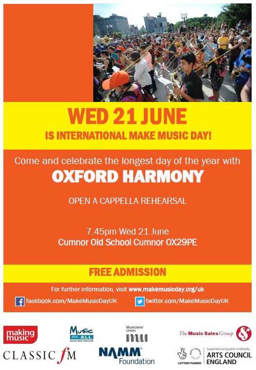 OxfordHarmony's tweet photo. We're running a free open rehearsal for @MakeMusicDay on Weds 21st June, 7.45 @Cumnor Old School, OX2 9PE. Promoted by @MakingMusic_UK. https://t.co/56tMrMLjv9