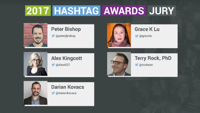 socialwestca's tweet photo. Thank you to our #HashtagAwards 2017 jury!! @peterjbishop @gracelu @Rockster @alexkgt @dariankovacs 👏👏👏 https://t.co/Wx923PlNLY
