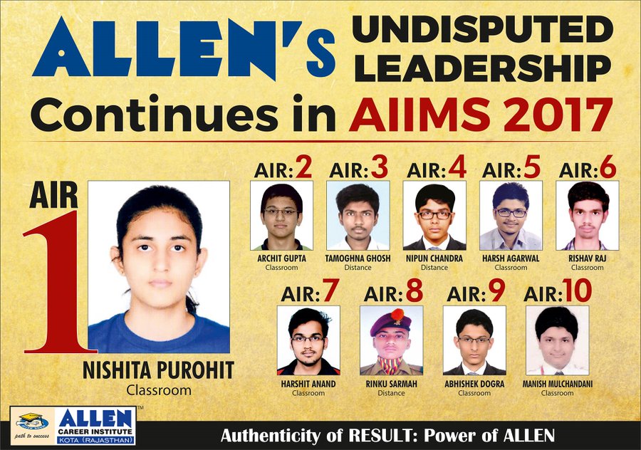 vurdere Stræbe Grisling AIIMS MBBS 2017 results declared: All 10 toppers from Kota institute