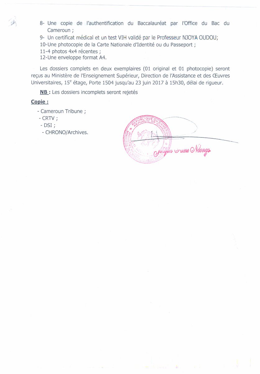 16 bourses d’études universitaires 2017-2018 offertes au #Cameroun par la République d'#Algerie bit.ly/2ryTO3Q <a href="/EnsSupAlgerie/">MESRS #Algérie</a>