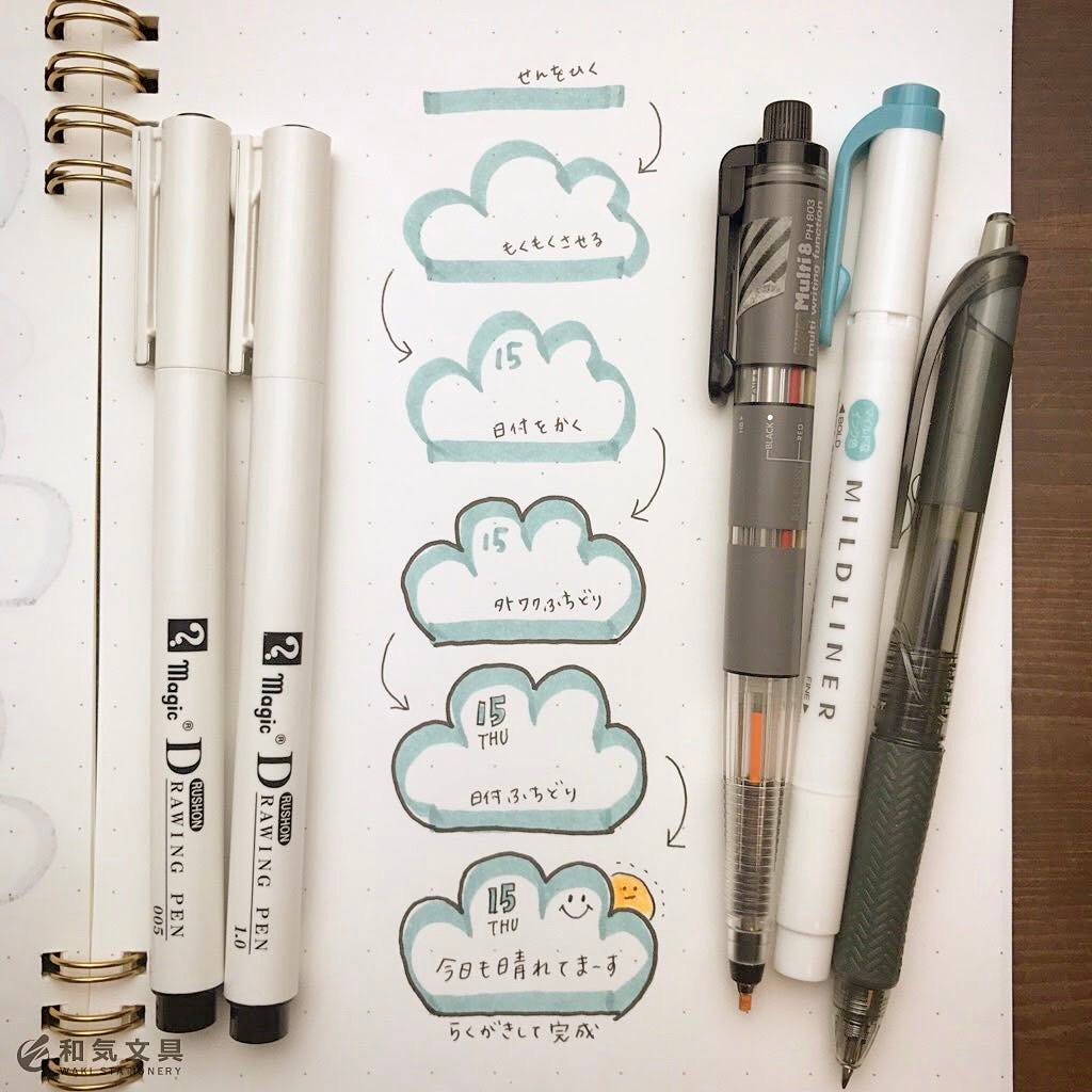 和気文具 Waki Stationery 公式 على تويتر 絵が苦手 と思う方 でも大丈夫 マーカーと黒ペンで意外と簡単に書けちゃう もくもく雲 の描き方です 使用マーカーはこちらです レッツトライ T Co Kks6chv38y 手描きダイアリー イラスト 描き方 手帳