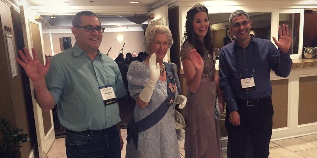 ICAVS9's tweet photo. #ICAVS9 Gala is in full swing! Conference chairs @agbrolo and Dennis Hore meet the Queen and the Duchess! https://t.co/AVNZELrYU9