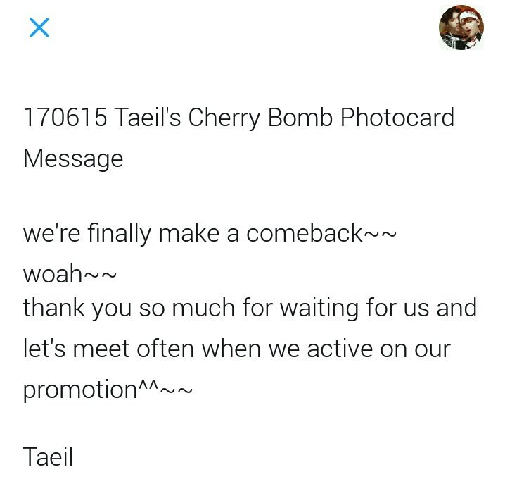 _yade__'s tweet photo. 170615 Taeil's Cherry Bomb Photocard Message

cr: nct_holol &amp; moonandwin https://t.co/X5hRmxQpQb