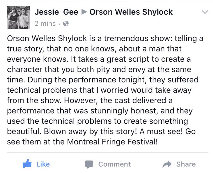 WellesShylock's tweet photo. Thank you Montreal for an amazing night and fan review! #fringebuzz https://t.co/861eQK8wuQ