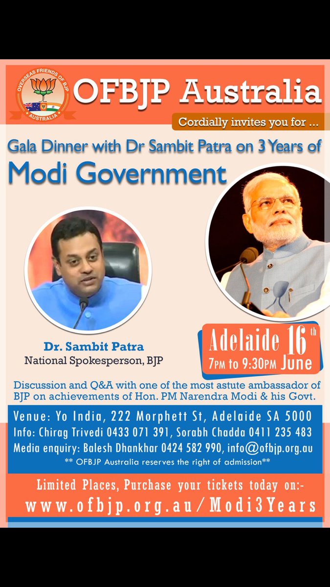 Friends would be in Australia from 16th to 19th June to attend various events organised by <a href="/OFBJPAus/">OFBJP Australia</a> on the occasion of #3YearsOfModiGovt
