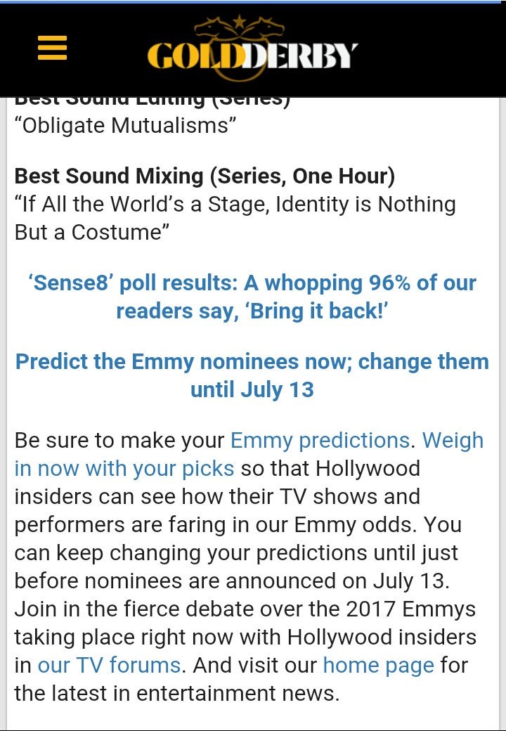 IAmWeCampaign's tweet photo. THIS IS THE OFFICIAL LIST OF @TheEmmys NOMINATIONS FOR @Sense8 YOU CAN SUPPORT THEM HERE https://t.co/YoV2tZTCN6

MAKE IT GO VIRAL https://t.co/rB54bR1yWg