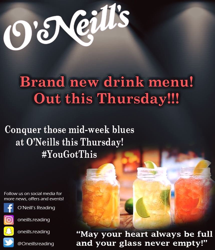 Oneillsreading's tweet image. Guess what day it is?! It's 2-4-1 Craft Beer and Cocktails Thursday 🍹🍻 + new drinks menu out today with a bigger&amp;amp;better selection! #pubtime