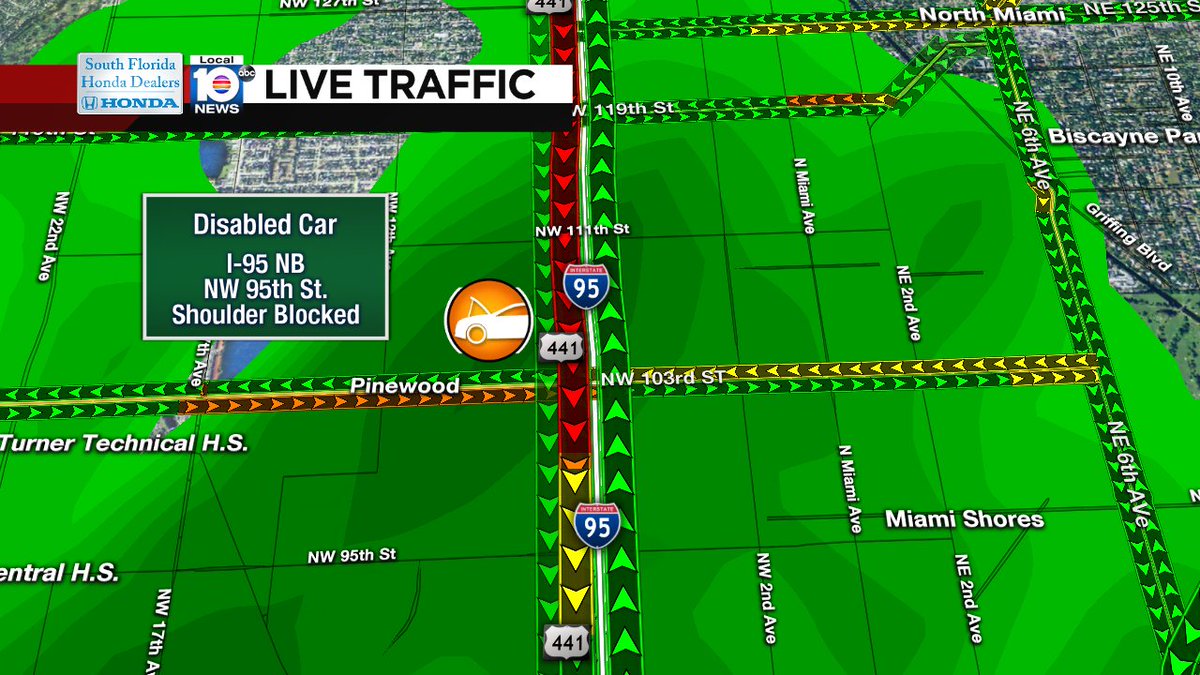 DISABLED CAR: I-95 NB & NW 95th St. A shoulder is blocked and delays are stretching for 3 miles. #TRAFFIC #MIAMI https://t.co/ETV5iNwf3f