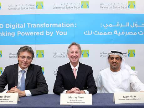 Walter Lironi, Murray Sims and Asim Fikree at the launch of Commercial Bank of Dubai's digital initiatives.