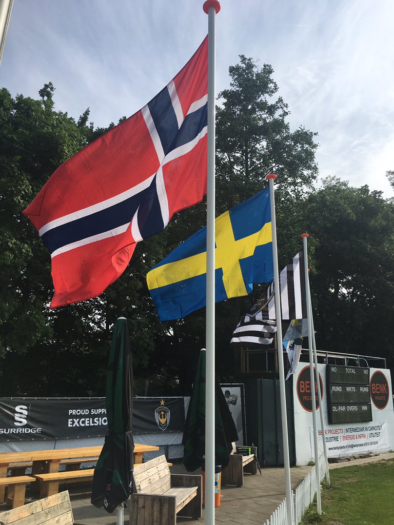 <a href="/Swedish_Cricket/">Cricket Sweden 🏏</a> <a href="/norskcricket/">NorgesCricketforbund</a> The flags are up! Good luck to both teams today. #nordic cricket #WCLEuropeDiv1